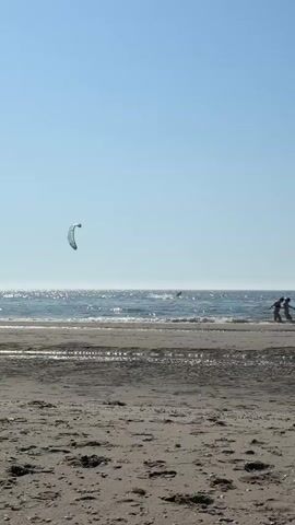 The media file captures a serene beach scene at Petten, Netherlands, under a clear, bright sky. The sun is high, indicating it's likely midday, and the weather appears to be warm and sunny with a gentle breeze, evidenced by the kiteboarding activity. The foreground is a sandy beach, showing ripples and tracks, suggesting recent water activity. Beyond the beach, the ocean stretches out, its surface shimmering with sunlight.

The main subjects are a kiteboarder in the distance, actively engaged in kiteboarding on the water, and two figures standing near the water's edge on the right side of the frame. The kiteboarder, a dark silhouette against the bright ocean, is suspended in the air, showcasing the dynamic nature of the sport. The two figures on the shore appear to be a pair, possibly enjoying the beach or wading in the shallow water.

The overall mood is one of peaceful recreation and enjoyment of a beautiful summer day. The vast expanse of the ocean and the clear sky evoke a sense of freedom and tranquility. The location cues of the beach and the North Sea, characteristic of Petten, are evident. There is no visible text in the media file.