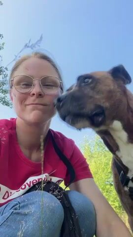 A woman wearing glasses and a pink shirt smiles at the camera as a brown and white dog nudges her cheek. The woman is kneeling in tall grass, and the dog is standing beside her. The background shows green trees and a blue sky. The camera then pans away from the woman and dog to focus on the dog walking through the tall grass.