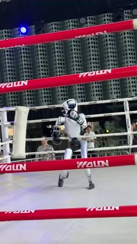 A robot wearing boxing gloves and a helmet stands in a boxing ring. The robot is white and black, with a sleek design. It is positioned in a fighting stance, with its fists raised. The boxing ring has red ropes and white corner posts. In the background, several people are watching the robot. The environment appears to be an outdoor or open-air venue, with some decorative structures and lighting visible. The overall scene suggests a demonstration or exhibition of the robot's capabilities.
