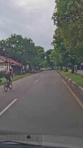 A motorist films a road with at least six cyclists and a motorcyclist ahead of them. The camera is behind the car windshield, looking out over the dashboard. The road has white lane dividers and is bordered with trees. On the left side are buildings and various posts or poles. The sky is overcast. The vehicles are moving forward.