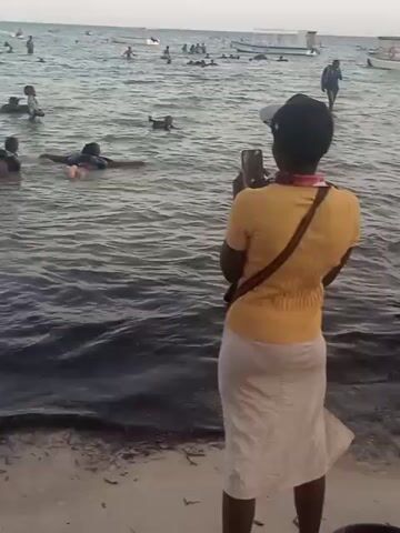 A woman in a yellow top and white skirt stands on a sandy beach, holding a smartphone and filming. She is facing a young girl in a pink top and dark shorts, who is standing in shallow water, holding a coconut over her head with both hands. A man in a salmon-colored shirt and black shorts stands to the right of the girl. The water is filled with other people and several boats are visible in the background. The overall tone of the scene is casual and relaxed.