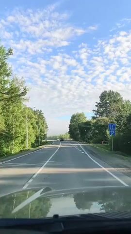 The video shows a first-person perspective of driving on a road lined with trees. The sky is blue with scattered white clouds. There are other cars visible in the distance. The road has white lane markings. The dashboard of the vehicle is visible in the foreground.