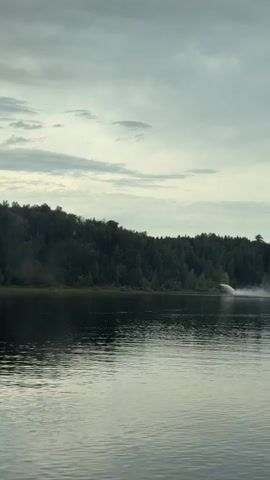 A wide shot shows a calm body of water in the foreground with a heavily treed embankment in the background. A plume of white mist or spray is visible rising from the water near the shore, suggesting an action is occurring on the water, possibly a boat or a water feature. The sky is overcast with dark, textured clouds. The scene appears to be set in a natural, possibly remote, location due to the dense forestation.