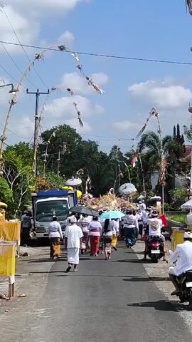 A video shows a group of people, some wearing white traditional attire, walking down a paved road. The road is flanked by trees and greenery. A truck is parked on the left side of the road. There are decorative elements, possibly for a ceremony, lining the road, including tall poles with ornaments and arches with hanging decorations. A red and white flag, possibly the Indonesian flag, is visible in the distance. Some individuals are carrying umbrellas, and one person is riding a motorcycle at the back of the procession. The sky is blue with some clouds.