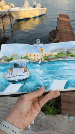 Artist sketches watercolor harbor scenes in Poros, Greece