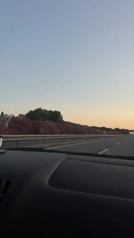 The video shows a view from inside a car, looking out the windshield. The car appears to be on a highway, with a clear blue sky above and a road stretching into the distance. Along the side of the road, there is a guardrail and a line of pink and white flowers. The sun is low in the sky, casting a warm glow. The dashboard of the car is visible in the foreground, and it is dark and blurred. There are no people visible in the video, and no specific actions are taking place other than the car moving forward. The overall impression is one of a peaceful and scenic drive.