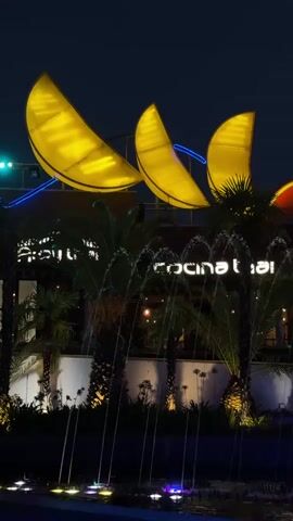 A nighttime outdoor scene captured from a low angle looking up at a restaurant or entertainment venue. Three large, bright yellow, crescent-shaped illuminated structures are prominently displayed above a building. Palm trees with lush fronds are visible in front of the building. A fountain in the foreground features multiple streams of water lit with colorful lights. The building has white walls and is illuminated with warm spotlights. The text "cocina thai" is visible in white lettering on the facade of the building. The overall atmosphere is vibrant and illuminated, suggesting a lively establishment.