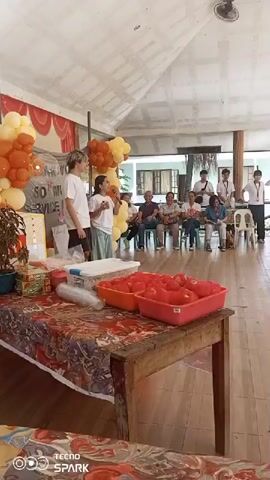 This media file captures an indoor event, likely a celebration or gathering, within a space that appears to be a community hall or covered pavilion. The setting features a wooden table laden with items, including two large red plastic tubs filled with red fruit, possibly tomatoes or apples. There are also containers, a potted plant, and boxes on the table. Balloons in orange and yellow are clustered on the left side of the frame, with a banner behind them that has partially visible text that may read "SO WU SERVICE" and "THANK YOU".

In the foreground, two individuals, one with blonde hair and wearing a white t-shirt and shorts, and another wearing a white t-shirt and a light-colored skirt, are interacting. They appear to be presenting or handling something, and the person with the skirt is gesturing towards a group of people seated on chairs in the background.

The background reveals an audience of about ten to twelve people, composed of adults, seated and attentively watching the individuals at the table. Some of the seated individuals are smiling. Several other people, possibly staff or organizers, are standing behind the seated audience, some wearing white shirts and dark pants. One individual in the standing group is wearing a lanyard with an ID. The architecture of the space suggests a tropical location, with a high, sloped ceiling and visible wooden beams, and natural light filtering in. The floor appears to be tiled. The overall atmosphere seems festive and positive, with a sense of community engagement. The presence of the fruit in the tubs might indicate a food-related activity or a donation. The "TECNO SPARK" watermark in the bottom corner indicates the device used to capture the media. No specific time of day or weather conditions are evident, but the bright lighting suggests it is daytime.