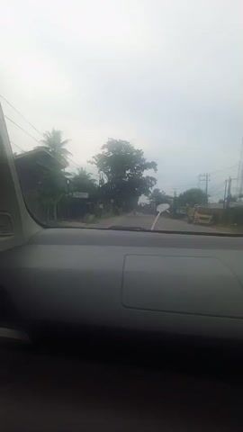 The video shows a view from inside a car driving on a road. The dashboard of the car is visible in the foreground. Outside the car, there are trees, houses, power lines, and a yellow truck in the distance. The sky is overcast. There appear to be a few people walking on the side of the road.