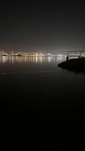 The video shows a dark, nighttime view of a body of water with a silhouetted figure standing on a dark rocky outcrop. Across the water, there is a bridge illuminated with several lights that are reflected in the water. There are also what appear to be port facilities with additional lights and industrial structures in the background. The overall scene is dark, with the dominant colors being black, gray, and the faint glow of the lights.