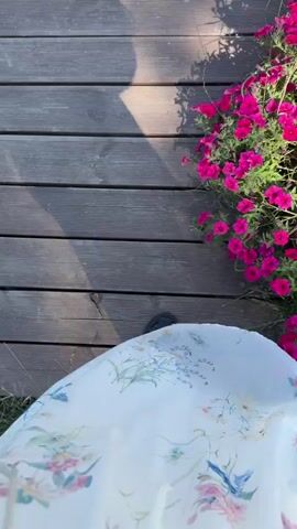 The video shows a person walking on a wooden deck. The camera is positioned behind the person, looking down at their feet and the deck. The person is wearing a white dress with a floral pattern and black sandals. To the right of the deck, there are pink flowers. The sun casts a shadow of the person onto the deck.