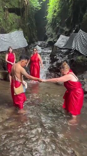 Traditional water ritual at a jungle shrine in Susut, Bali