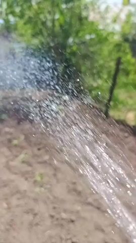Water is being sprayed onto the ground, with grass and trees in the background. The water is spraying in a diagonal direction from the bottom right to the upper left of the frame. The ground appears to be dirt. The lighting is bright, suggesting it is daytime.