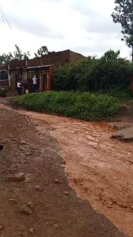 The video depicts a flooded dirt road, with fast-flowing, muddy brown water covering a significant portion of the road. On the left side of the road, there is a building, possibly a shop, with people standing in front. Beyond the flood on the right side of the road is a green, grassy area with trees and foliage. Further back, there is a blue metal gate and a small brick structure. The sky is overcast, suggesting recent or ongoing rain. The video appears to be taken from a moving perspective along the flooded road.