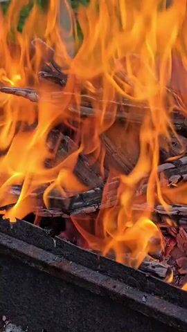 This is a close-up, static shot of a fire burning in a grill. Flames of various sizes and intensities lick upwards from a pile of charred wood. The wood appears to be in the process of burning down, with glowing embers visible beneath the flames in places. The grill itself is a dark, metallic structure, and the background is blurred, suggesting it is outdoors with some greenery visible, possibly grass. There are no people or animals present in the frame, and the action is solely the burning of the wood. The lighting is dominated by the bright orange and yellow of the fire.