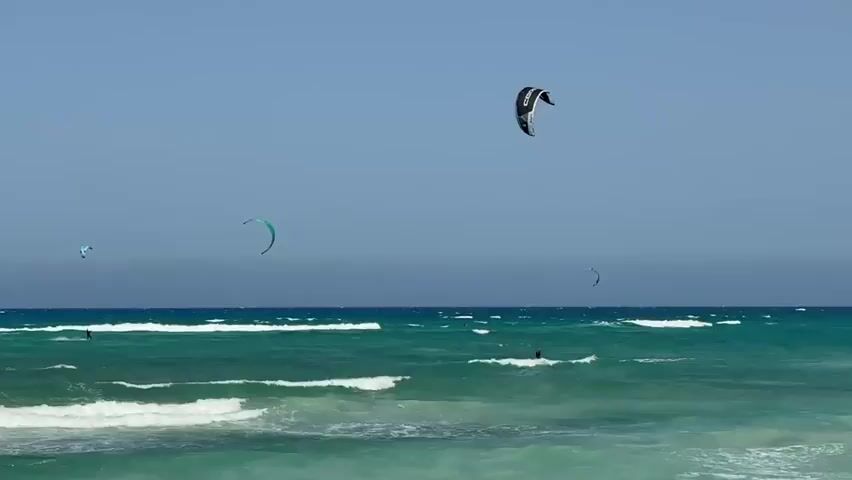 The video captures an ocean scene with several kitesurfers on a bright, sunny day. The water is a vibrant turquoise and shows moderate waves with whitecaps, indicating some choppiness. The sky is clear blue with a slight haze on the horizon. Four kitesurfers are visible in the distance. One kite is black and white and prominent in the upper left, another is light green and in the middle distance to the left, a third is a smaller dark kite in the middle distance to the right, and a fourth is a small blue kite on the far left. Several individuals appear to be on surfboards in the water, with the kites attached to them. The overall atmosphere suggests a recreational activity or sport taking place in a coastal environment.