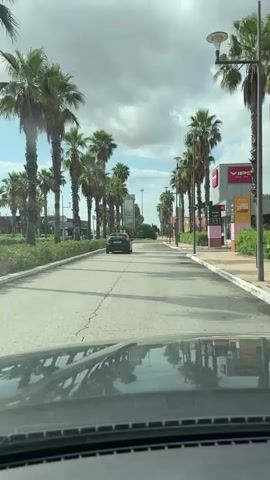 The video provides a first-person view from inside a car, looking out over the dashboard reflection. The scene depicts a wide, paved road in Aldaia, Spain, flanked on both sides by numerous tall palm trees. The sky overhead is partly cloudy, indicating daytime, likely mid-morning or afternoon.

The vehicle is moving forward, following another dark-colored car in the distance. To the right of the road, there are low-rise commercial buildings. Visible text on signage includes a prominent red and white sign for "VIPS" and a partially obscured sign below it that appears to be for "BURGER KING." Further down the road on the left, another large vertical sign is visible but too distant to read clearly. The asphalt road shows some minor cracks. The setting suggests an access road to a commercial or retail area.