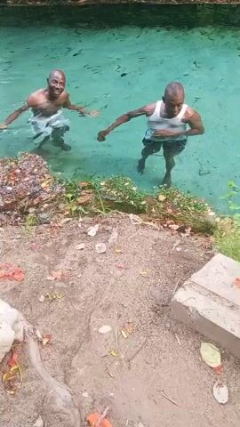 Two men are standing in a clear, turquoise-colored body of water. The man on the left is shirtless, and the man on the right is wearing a white tank top and dark shorts. Both men are bald. The man on the right is pointing at the camera. The water is bordered by green plants and a dirt bank. There is a square concrete block on the bank.