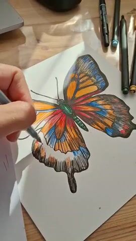 The video shows a close-up view of a person's hand drawing a colorful butterfly on a white sheet of paper. The butterfly is depicted with vibrant orange, blue, and red hues, with black outlines and intricate wing patterns. The person is using a dark-colored pen, likely a marker, to add details and shading to the lower wing of the butterfly. Several other pens and markers are visible on the wooden surface behind the drawing, suggesting an art or creative workspace. The lighting appears natural, casting shadows on the paper, and hints at a daytime setting. The scene is a still, focused moment of artistic creation, with no discernible environmental context beyond the immediate workspace. There is no visible text in the video.