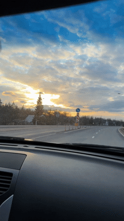 Dashboard camera captures highway sunset scene near Mshaga, Russia