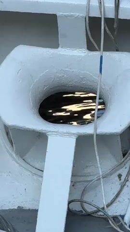 The video shows a boat approaching a lock gate. The camera is mounted on the boat and looks forward. The boat is white with a gray deck. There are ropes and other equipment on the deck. The lock gate is made of wood and metal, and it is partially open. The water in the lock is dark and still. The sky is blue with some clouds. The video is shot in natural light.