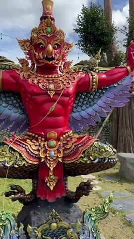 A vibrant, intricately decorated statue of a red mythical bird-like creature with wings spread stands in a grassy outdoor setting. The statue is adorned with gold accents, jewels, and colorful wings. The background features trees, foliage, and a cloudy sky, suggesting a park or garden environment. The camera slowly pans to the right, revealing a large, gnarled tree trunk with bulbous growths and then shifts to a dense grove of tall bamboo stalks. The overall scene depicts a serene and artistic outdoor space.