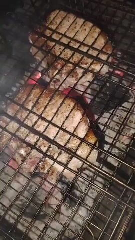 The video shows two pork chops cooking on a grill over hot coals. The chops are seasoned with pepper and are beginning to brown. Smoke is rising from the grill. The scene is dark and appears to be outdoors at night.