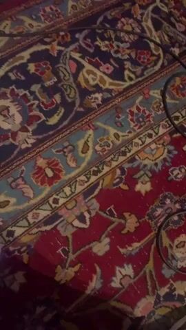 A close-up shot of a richly patterned rug. The rug features a dominant red base with intricate floral and paisley motifs in blues, greens, yellows, and pinks. A black cable is visible running diagonally across the upper right portion of the rug. The lighting suggests the scene is indoors, possibly dimly lit.