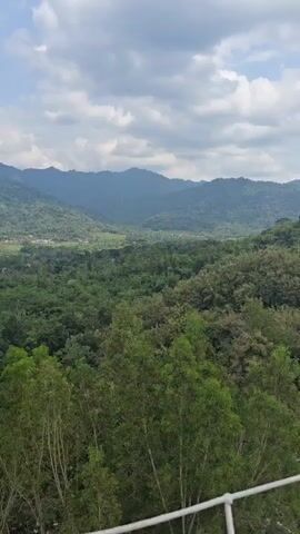 The video shows a panoramic view of a valley from an elevated position. Lush green trees cover the foreground and the valley floor. In the distance, mountains rise against a partly cloudy sky. A few houses are scattered across the valley. The camera pans slightly from left to right, revealing more of the landscape.