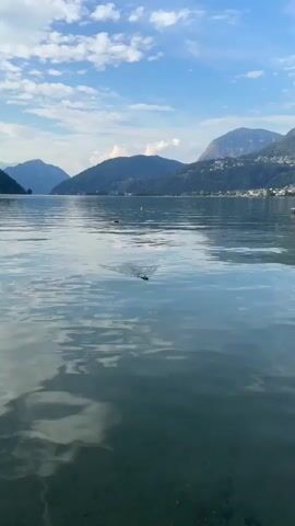 The video shows a body of water, likely a lake, with mountains in the background. The sky is blue with scattered clouds. There are some yellow buoys in the water, and what appears to be a dock or platform on the right side of the frame. The water is somewhat murky, allowing the rocky bottom to be visible in the foreground. A small object is moving across the water's surface, creating a ripple effect. This object appears to be a fishing bobber.
