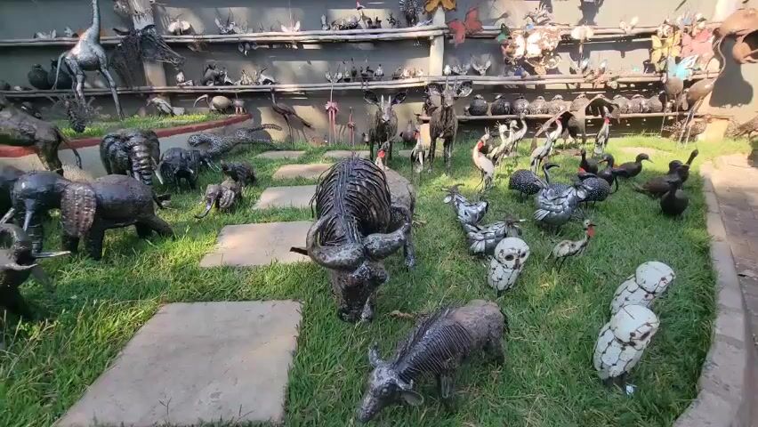 The video shows a display of metal animal sculptures. The sculptures, made of welded scrap metal, depict various animals, including elephants, giraffes, rhinos, warthogs, birds and buffalo. The sculptures are displayed on a grassy area with concrete pavers, in front of a wall covered with more metal animal art pieces.  A person walks by in the background. The overall impression is of an outdoor art exhibit or shop showcasing African wildlife.