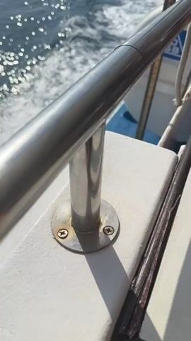 The video shows a view from a moving boat. A metal railing is in the foreground, slightly to the right. White foam and turbulent water churn behind the boat. The sea extends to the horizon, with a distant landmass visible under a clear blue sky. The sun sparkles on the water's surface.