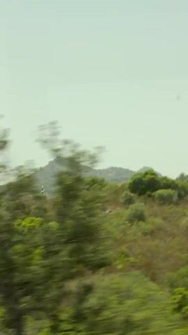 The video shows a fast-moving shot of a green, hilly landscape under a bright sky. The motion blur suggests the view is from a vehicle, likely a car or train. In the distance, a prominent, rounded hill or small mountain dominates the scene, covered in vegetation. Closer to the foreground, there are numerous trees and shrubs, also blurred by the speed. The overall impression is of a scenic drive through a rural or natural area.
