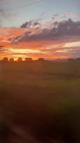 The video shows a sunset over a rural landscape. The sky is filled with vibrant colors of orange, pink, and yellow, with some dark clouds. In the foreground, there is a blurry field of green and brown, suggesting movement. Silhouetted trees are visible on the horizon. The scene is tranquil and evokes a sense of peacefulness.