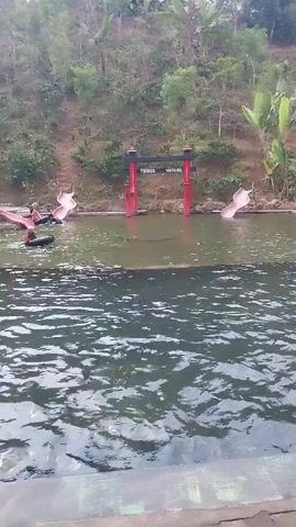 A body of water is in the foreground, with ripples on the surface. In the middle ground, a red torii gate stands in the water, with a sign above it. To the left of the torii gate, a pink slide extends from the bank into the water, with a person on it. To the right of the torii gate, another pink slide extends into the water. In the background, a steep, vegetated slope rises, with trees and plants. The sky is overcast.