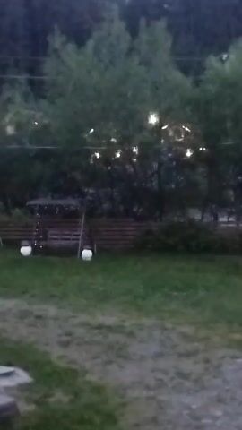 A video captures a swing set with two white spherical decorations at its base, adorned with string lights. The swing set is positioned on a grassy area, behind which a wooden fence runs horizontally. Beyond the fence, a dense line of trees stands, their branches dotted with small, glowing lights. The overall scene suggests an outdoor setting, possibly a backyard or park, at dusk or nighttime, indicated by the artificial lighting and the subdued ambient light.