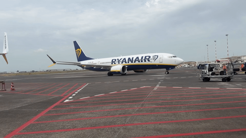 Ryanair passengers disembark at Catania airport