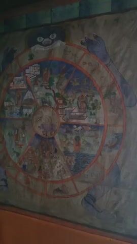 This media file shows a close-up, angled view of a large, circular mural painted on a wall. The mural depicts a complex, symbolic scene with a central wheel divided into eight sections, each containing a detailed illustration. These illustrations appear to represent various realms or states of existence, possibly related to Buddhist cosmology, known as the Bhavacakra or Wheel of Life.

The outer edge of the wheel is held by two large, blue-skinned hands and a monstrous, dark face with wide, staring eyes, which likely represents Yama, the lord of death and impermanence. Within the wheel, various figures, animals, and architectural elements are depicted. Some sections show serene scenes with figures in robes, possibly monks or deities, within buildings or in natural landscapes with trees. Other sections depict more chaotic or challenging scenes with numerous figures in distress, possibly representing suffering or lower realms of existence. There are also depictions of water, boats, and landscapes. The central part of the wheel has a circular motif with an image that is difficult to discern clearly due to its size and detail.

The mural is rendered in a traditional style with bold outlines and muted colors, predominantly blues, greens, browns, and reds, with touches of white and yellow. The painting appears aged, with some signs of wear and tear on the surface, suggesting it is an ancient artwork. The lighting in the media file is dim, casting shadows and contributing to a somber or reverent atmosphere. The setting appears to be indoors, possibly within a temple, monastery, or ancient structure, given the mural's scale and artistic style.

The context provided places this artwork in Kardang, India, a location known for its Buddhist heritage. The overall impression is one of a profound religious or philosophical statement, conveying themes of life, death, karma, and rebirth. There is no visible text in the provided media.