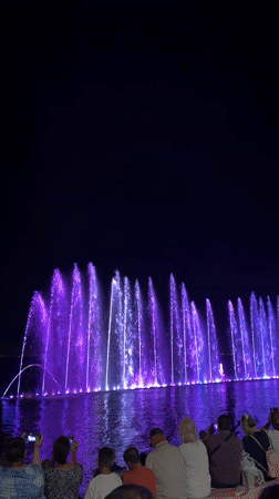 Nighttime fountain show draws a crowd in Pomorie, Bulgaria