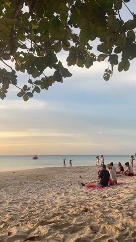 The video opens with a close-up of green leaves on tree branches against a bright sky. The camera then pans down to reveal a sandy beach with people relaxing and playing. In the foreground, a group of people are sitting on towels, while further down the beach, children are playing in the sand and near the water. Several boats are visible on the calm sea, and a distant island can be seen on the horizon. The sky is a mixture of blue and clouds, with a warm orange and yellow glow indicating either sunrise or sunset. The overall atmosphere is peaceful and serene.