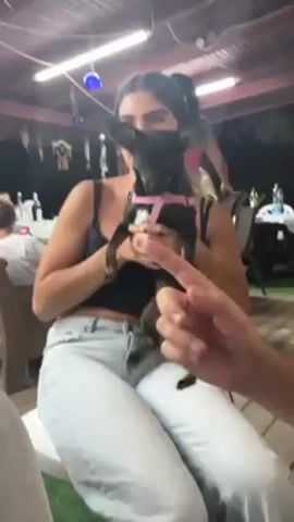 A woman is sitting at a wooden table holding a small black and brown dog with a pink harness. She is wearing a black top and light blue jeans. Another person is seated to her left, and other people are at the table, which is covered with bottles and glasses. The scene appears to be an outdoor gathering under a covered patio with overhead lighting. Someone tries to get the dog's attention by snapping their fingers. The woman holding the dog speaks.