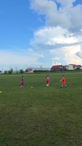 Three children are playing soccer on a grassy field. One child in an orange shirt is kicking the ball. Two children in pink vests are running towards the ball. The sky is blue with white clouds. There are houses and buildings in the background.