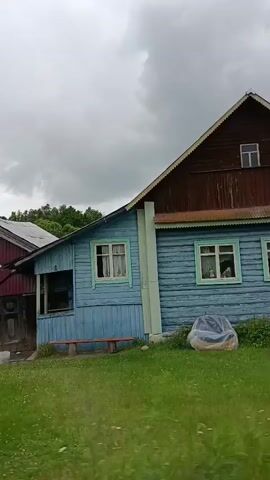 The video shows a panning view of a rural area with houses and greenery. The first shot features two houses, one red and one blue, with a bicycle leaning against the red one. The second shot shows a green fence with trees behind it, and a red-roofed structure. The third shot reveals a wooden house with a metal roof and a chimney. The final shot captures a log house with a green roof and a dormer window, also featuring a chimney. The sky is overcast throughout the video.