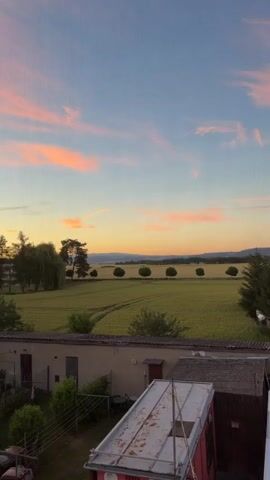 This media file captures a tranquil rural landscape at dusk in Pňovice, Czechia. The scene is dominated by a vast, golden field of grain, likely wheat or barley, stretching towards a gentle horizon. The field is marked with the tire tracks of agricultural machinery, suggesting recent activity.

In the middle ground, a line of perfectly manicured, round trees stands like sentinels along a road or pathway, their dark green foliage a stark contrast to the warm tones of the sky. Beyond these trees, a dark-colored car can be seen driving on a road, adding a subtle element of movement to the otherwise serene setting. In the distance, rolling hills and mountains fade into a hazy blue, indicating the vastness of the countryside.

The sky is a canvas of changing light. The upper portion displays a soft, clear blue, transitioning into a warm gradient of orange and yellow near the horizon as the sun sets. Streaks of pink and orange clouds are scattered across the sky, further enhancing the beauty of the twilight. A few faint contrails from aircraft are also visible, adding to the sense of an expansive sky.

In the foreground, the roof of a building, possibly a shed or garage, is visible. It has a corrugated metal roof and a brick or concrete wall. Some greenery, including bushes and a tree with drooping branches, can be seen around the building. The overall impression is one of peace and quiet, a moment of natural beauty observed from a vantage point overlooking the countryside. The time of day is clearly evening, with the soft, warm light and fading sky being characteristic of sunset. There are no discernible people or text in the media file.