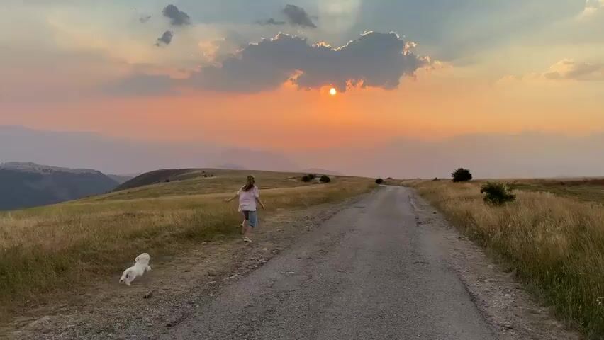 A young girl with light brown hair wearing a pink t-shirt and blue shorts is standing on a dirt road next to a small white dog. The girl is holding a yellow ball. The dog is looking at the girl. They are in a grassy field with a dirt road stretching out in front of them. In the background, there are mountains and the sun is setting, casting a warm orange glow over the scene. There are some clouds in the sky. The overall impression is one of a peaceful and scenic rural landscape.