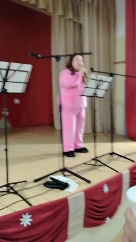 A woman is singing into a microphone while standing on a stage. She is wearing a pink outfit and black shoes. There are two music stands on stage next to her. A red curtain is behind her, and red fabric with white flower designs hangs across the front of the stage. People sit in the audience. Someone holds up a white cup and moves it in time with the music.
