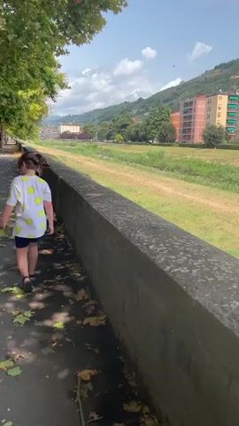 The video shows a young child with light brown hair, wearing a white t-shirt with yellow lemon patterns and dark shorts, walking away from the camera on a paved walkway. The child is on the left side of the frame, with a low, grey stone wall to their right. Beyond the wall is a grassy field and a dry riverbed. In the background, there are buildings and a hillside covered in trees, with a few buildings visible on the slope. The sky is blue with some white clouds. Sunlight filters through the leaves of trees lining the walkway on the left side of the frame. Fallen leaves are scattered on the walkway. The child walks at a steady pace, occasionally looking down.