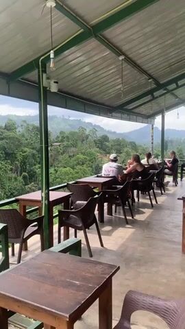 The video pans across an outdoor cafe with a covered roof, overlooking a lush, green valley with rolling hills and a cloudy sky. Several tables and chairs are arranged on the concrete floor. In the middle ground, a group of people are seated at tables, facing away from the camera, enjoying the view. The camera then focuses on a large, arched railway bridge constructed of stone and iron, winding through a dense forest. The bridge has tracks on top, and several figures can be seen walking or standing on it. A tunnel is visible at one end of the bridge, emerging from the trees. The scene appears to be set in a tropical or mountainous region, possibly during daylight hours.