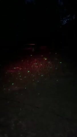 The video shows a dark outdoor scene with a car parked in the background. The ground is covered in grass and appears to be illuminated by a moving laser light show. The lights are a mixture of blue, red, and green, creating patterns on the grass. The car is dark-colored and faintly visible under the lights. Trees are visible in the background, silhouetted against the dark sky. There are no people or animals visible in the frame. The overall atmosphere is mysterious and festive.