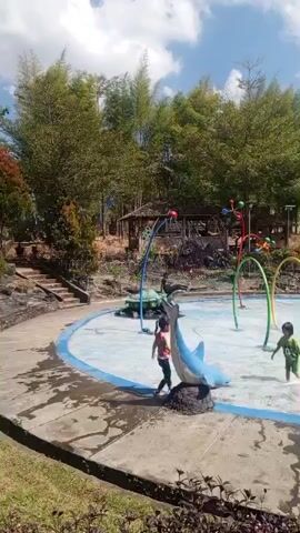 The video shows a crowded water park on a sunny day. The water park has a shallow pool with several colorful archways and water spray features. A blue dolphin statue is prominently placed in the pool. Children are seen playing in the water, some splashing and running, while others sit on the dolphin statue. In the background, there are trees, bamboo stalks, and a small wooden structure. More people are visible in the water further back, and the overall impression is one of a lively and fun recreational area.